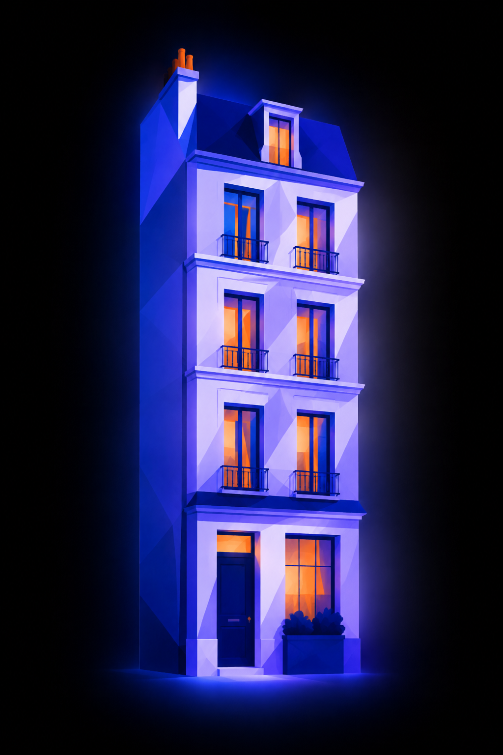Immeuble parisien illustr&eacute;, fa&ccedil;ade &eacute;clair&eacute;e le soir