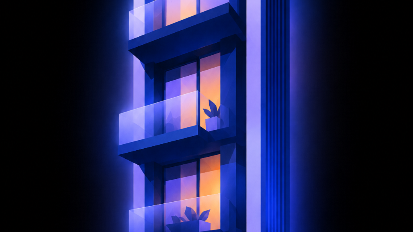 Immeuble r&eacute;sidentiel moderne illustr&eacute;, fa&ccedil;ade &eacute;lanc&eacute;e avec balcons