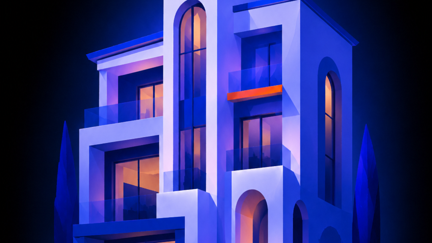 Villa contemporaine illustr&eacute;e, fa&ccedil;ade &eacute;clair&eacute;e avec v&eacute;randa