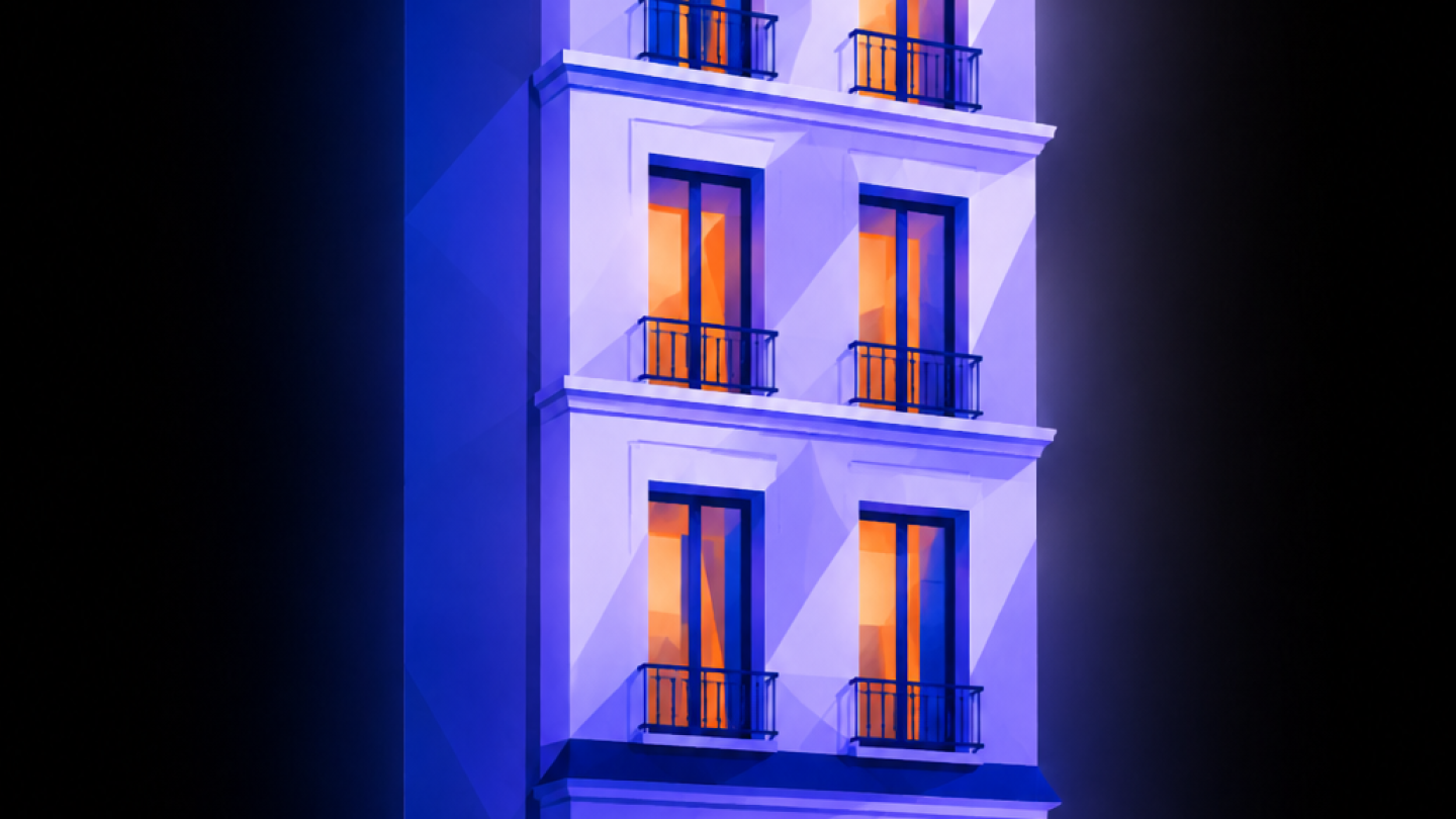 Immeuble parisien illustr&eacute;, fa&ccedil;ade &eacute;clair&eacute;e le soir